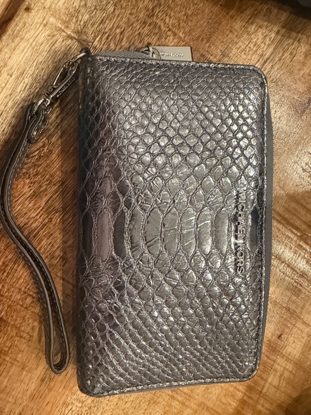 Michael Kors Metallic Pewter Croc-Embossed Wristlet